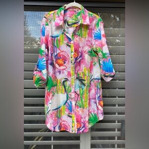 Soft Surroundings Watercolor Crane and Floral Print Shirt Dress Size M